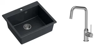 Quadron Zlewozmywak granitowy jednokomorowy 57*50*22 cm MORGAN 110 BLACK DIAMOND ze stalowym odpływem z baterią NATALIE Q LINE kolor stal szczotkowana - Zlewozmywaki z baterią - miniaturka - grafika 1