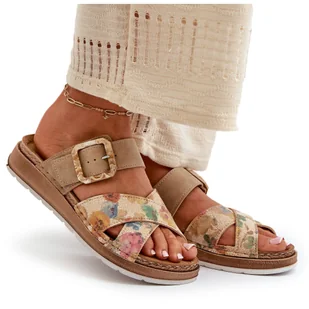 Wygodne Klapki Damskie Z Klamrą W Kwiaty Inblu GS000051 Brązowe - Klapki i japonki damskie - miniaturka - grafika 1