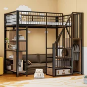 Łóżka dla dzieci i młodzieży - Łóżko piętrowe 90x200 cm - Łóżko metalowe - ze schowkiem - ze schodami - z barierkami zabezpieczającymi - Czarne (materac nie jest wliczony w cenę) - miniaturka - grafika 1