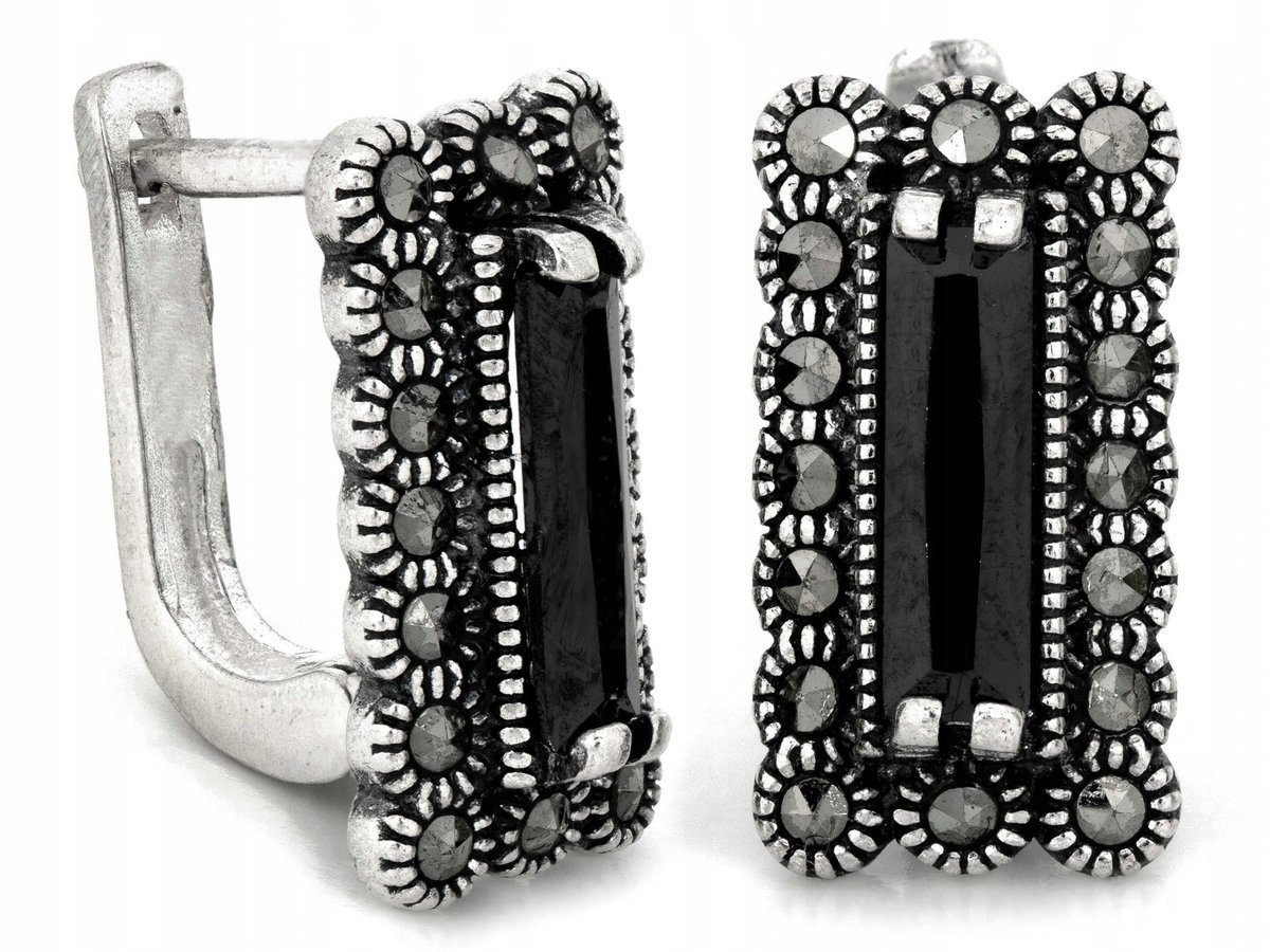 Srebrne kolczyki z markazytami i onyksami 5.24g elegancki dodatek