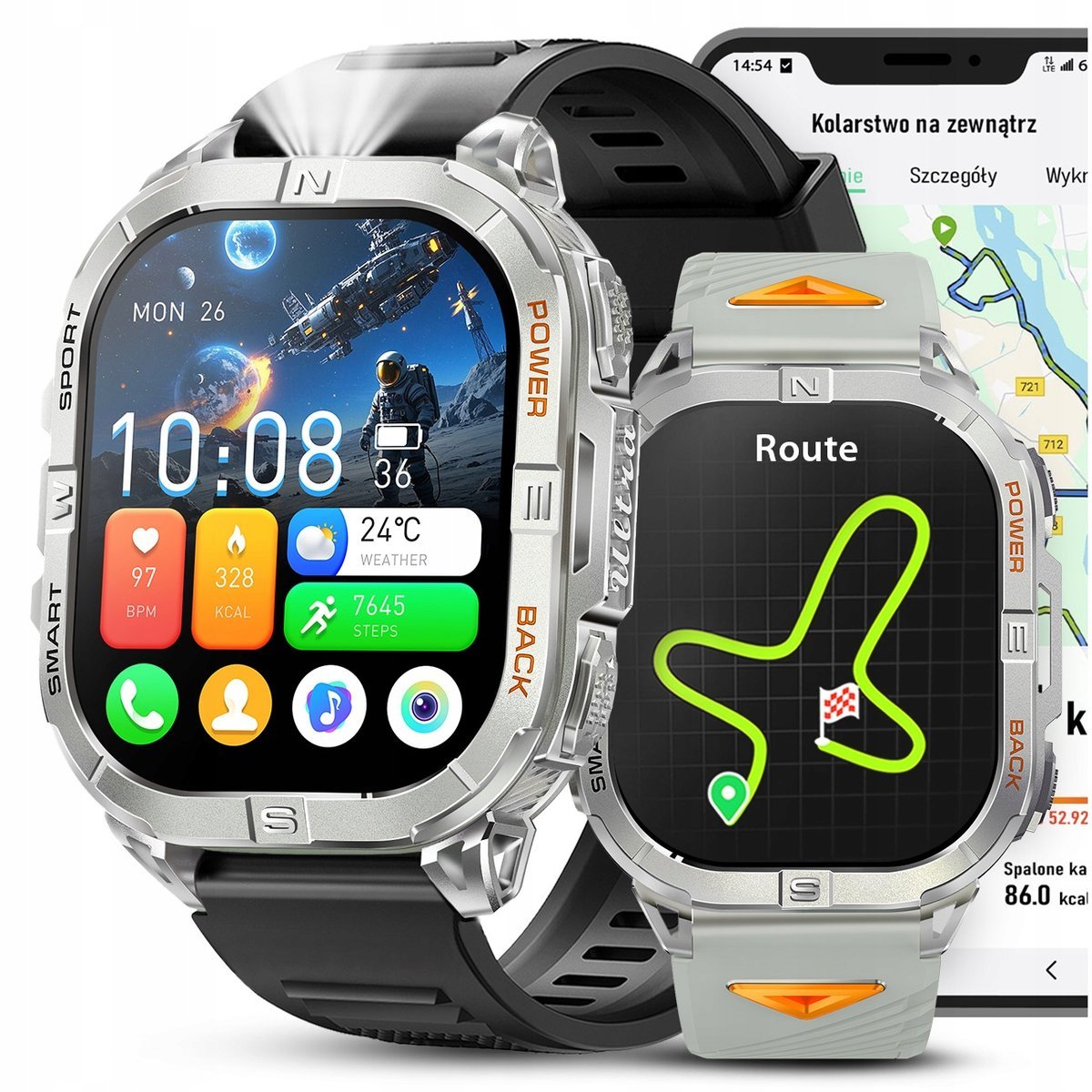 SMARTWATCH MĘSKI z GPS KOMPAS WODOODPORNY ROZMOWY MENU PL AMOLED 580mAh
