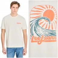 Koszulki męskie - Lee GRAPHIC TEE Ecru luźna koszulka bawełniana męska z nadrukiem + logo M - miniaturka - grafika 1