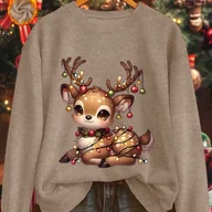 Swetry damskie - TEMU Damski świąteczny sweter z podszewką i nadrukiem kreskówkowego jelenia, długi rękaw, okrągły dekolt, gruba podszewka z polaru, festynowy wzór, - miniaturka - grafika 1