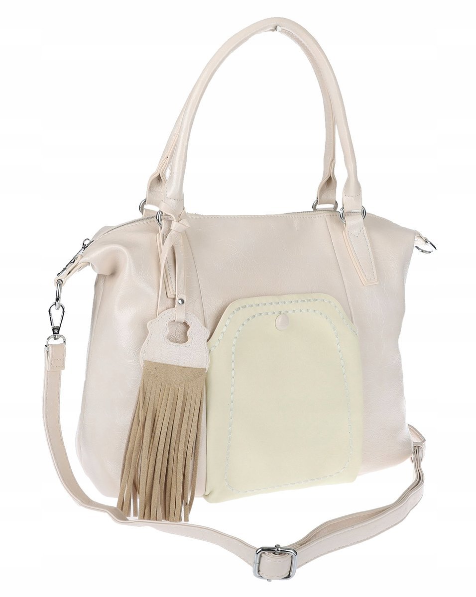 Torebka damska kuferek z eko skóry shopper z frędzlami pasek MC688 Beżowa