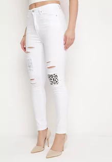 Spodnie damskie - Białe Spodnie Skinny z Dziurą i Panterkową Łatką Halitellia - grafika 1