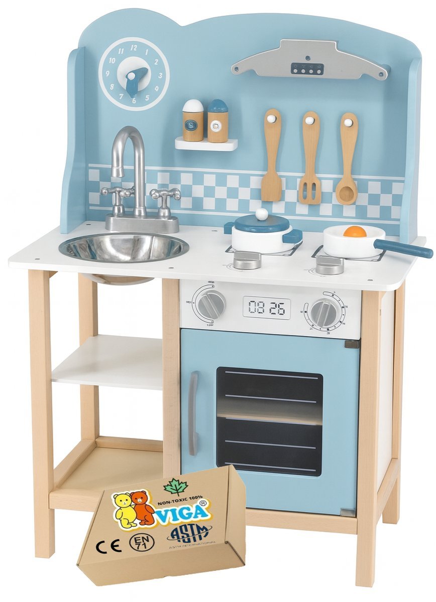 Kuchnia Drewniana niebieska Kuchenka AGD zabawkowa dla dziecka do zabawy Viga montessori