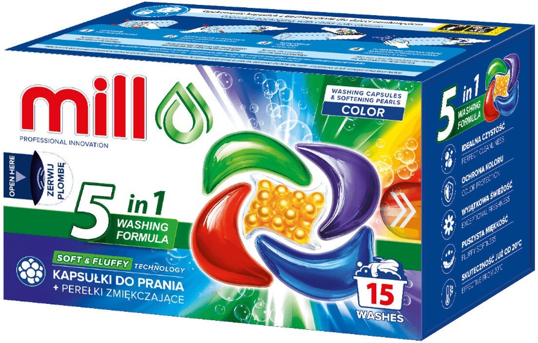Mill Mill Kapsułki do prania + perełki zmiękczające COLOR 15 szt.