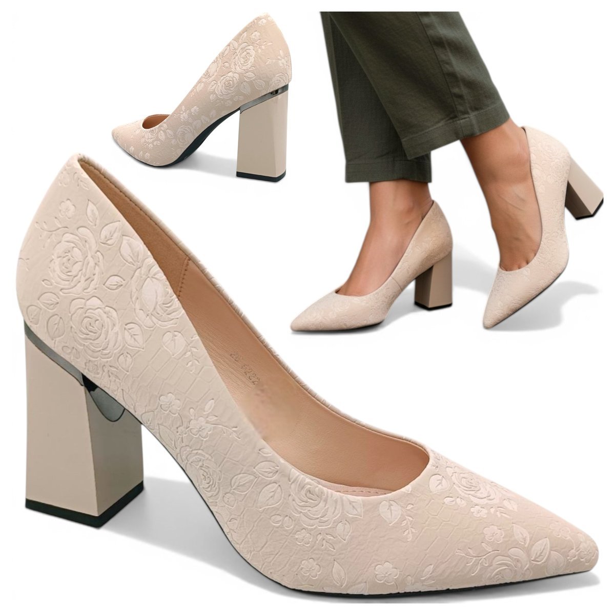 Czółenka Damskie na Słupku 8cm Wsuwane Półbuty Eleganckie Beżowe Vinceza 39
