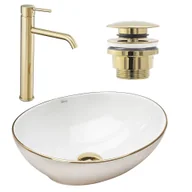 Umywalki - Rea Zestaw Sofia gold edge + bateria wysoka Lungo gold + korek uniwersalny złoty - miniaturka - grafika 1