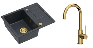 Quadron Unique Zlewozmywak granitowy jednokomorowy 62*50*22 cm z ociekaczem MORGAN 116 BLACK DIAMOND z syfonem Push-2-Open w kolorze złotym z baterią JODIE Q LINE SLIM kolor złoty - Zlewozmywaki z baterią - miniaturka - grafika 1