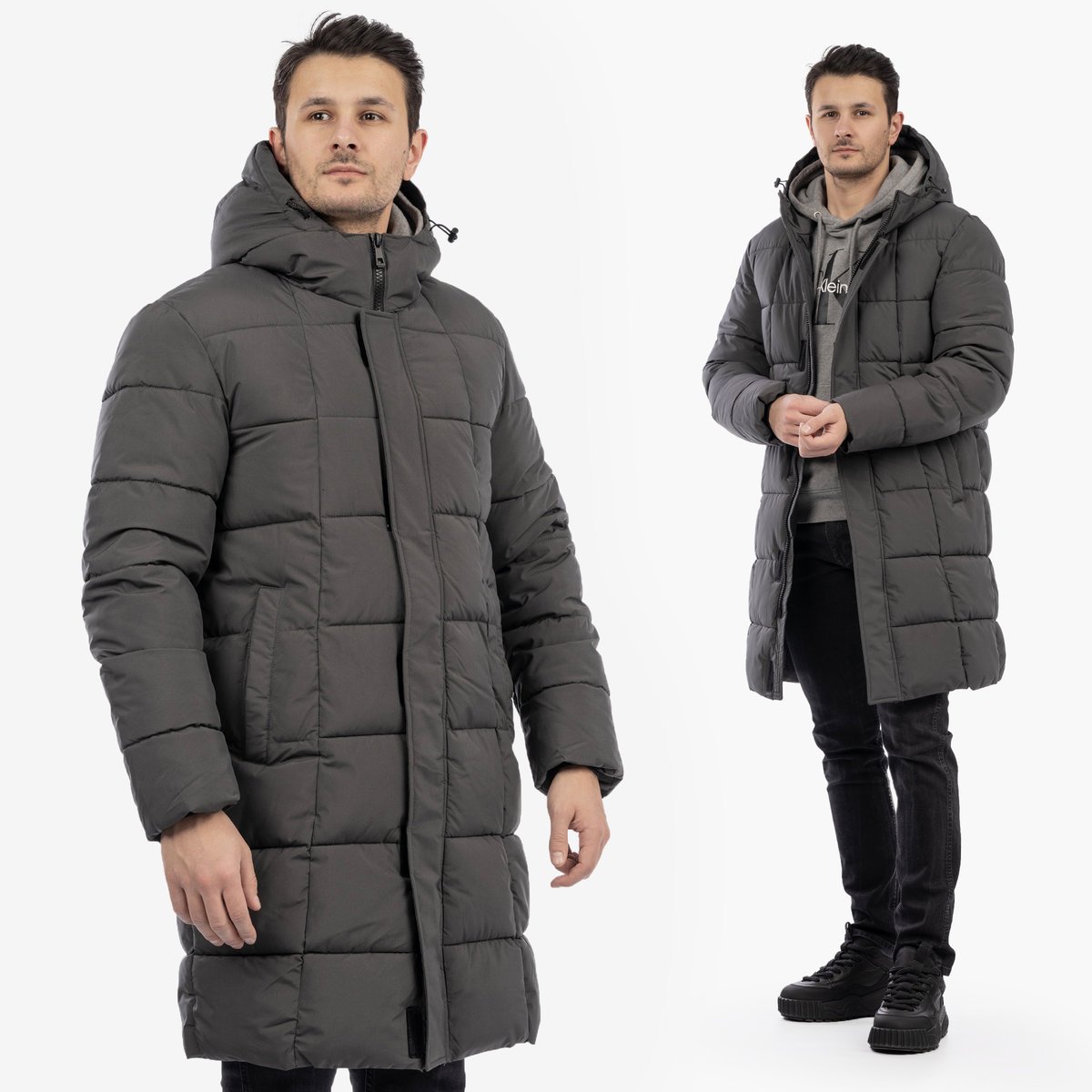 Kurtka Męska Zimowa Pikowana Długa Wodoodporna Z Kapturem Grafitowa XL Grafitowy