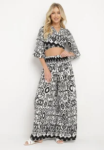 Czarno-Biały Bawełniany Komplet Kopertowy Top z Wiązaniem Szerokie Spodnie z Gumką w Pasie Viknie - Komplety damskie - miniaturka - grafika 1