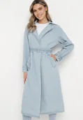 Płaszcze damskie - Niebieski Jeansowy Płaszcz za Kolano z Paskiem ze Sprzączką Sumiorre - miniaturka - grafika 1