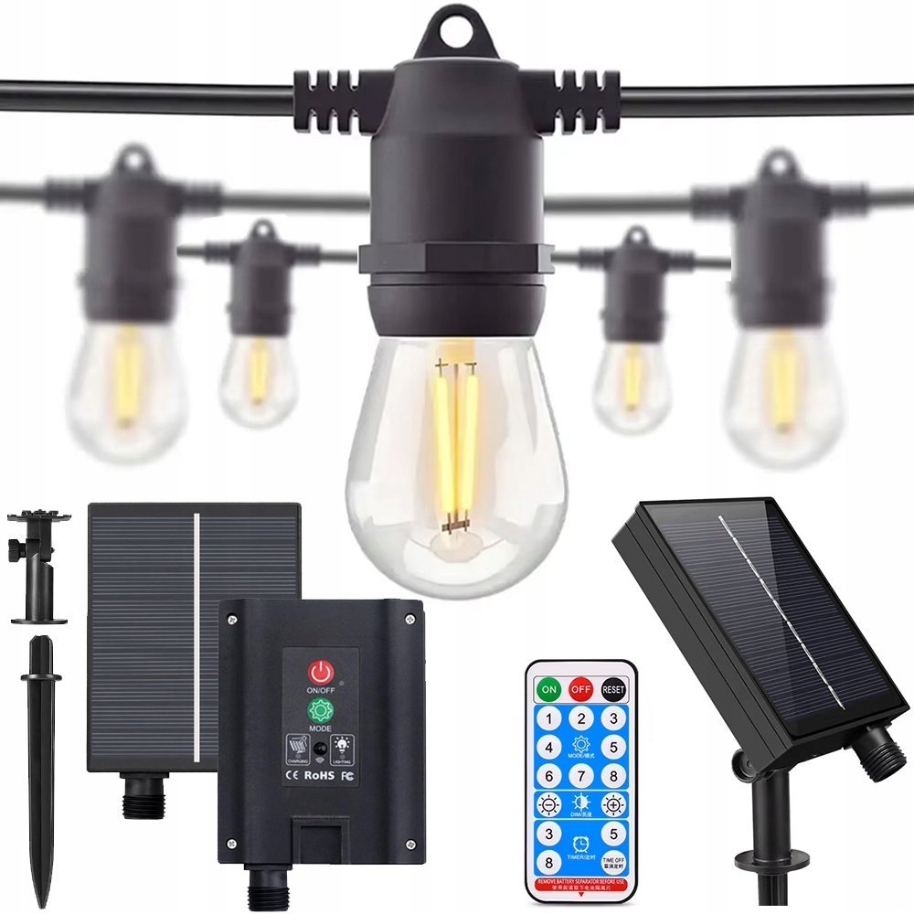 Girlanda Solarna Ogrodowa 15m 15x Żarówka LED E27 + Pilot + ładowanie USB