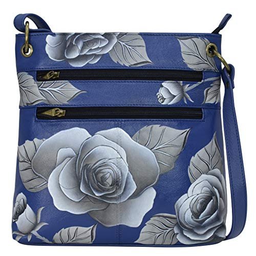 Anna by Anuschka Anuschka damska średnia torebka Crossbody z prawdziwej skóry, średniej wielkości, ręcznie malowana, romantyczna, różowo-niebieska, Romantyczny różany niebieski, jeden rozmiar