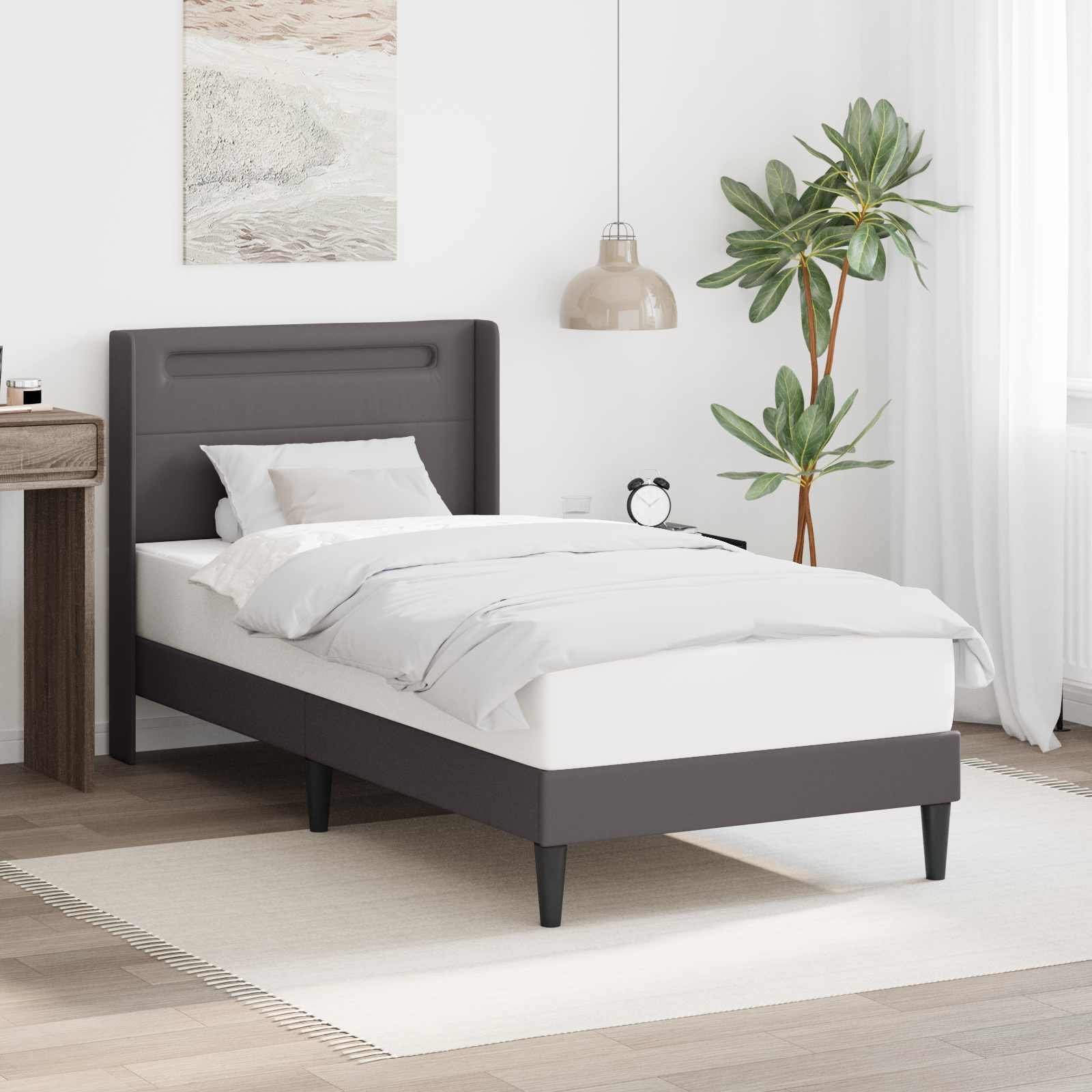 vidaXL vidaXL Ramka łóżka z paskami LED Szary 90 x 200 cm Ekoskóra