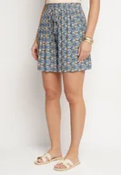 Spodenki damskie - Niebieskie Bawełniane Szorty z Wysokim Stanem w Kwiaty Napione - miniaturka - grafika 1