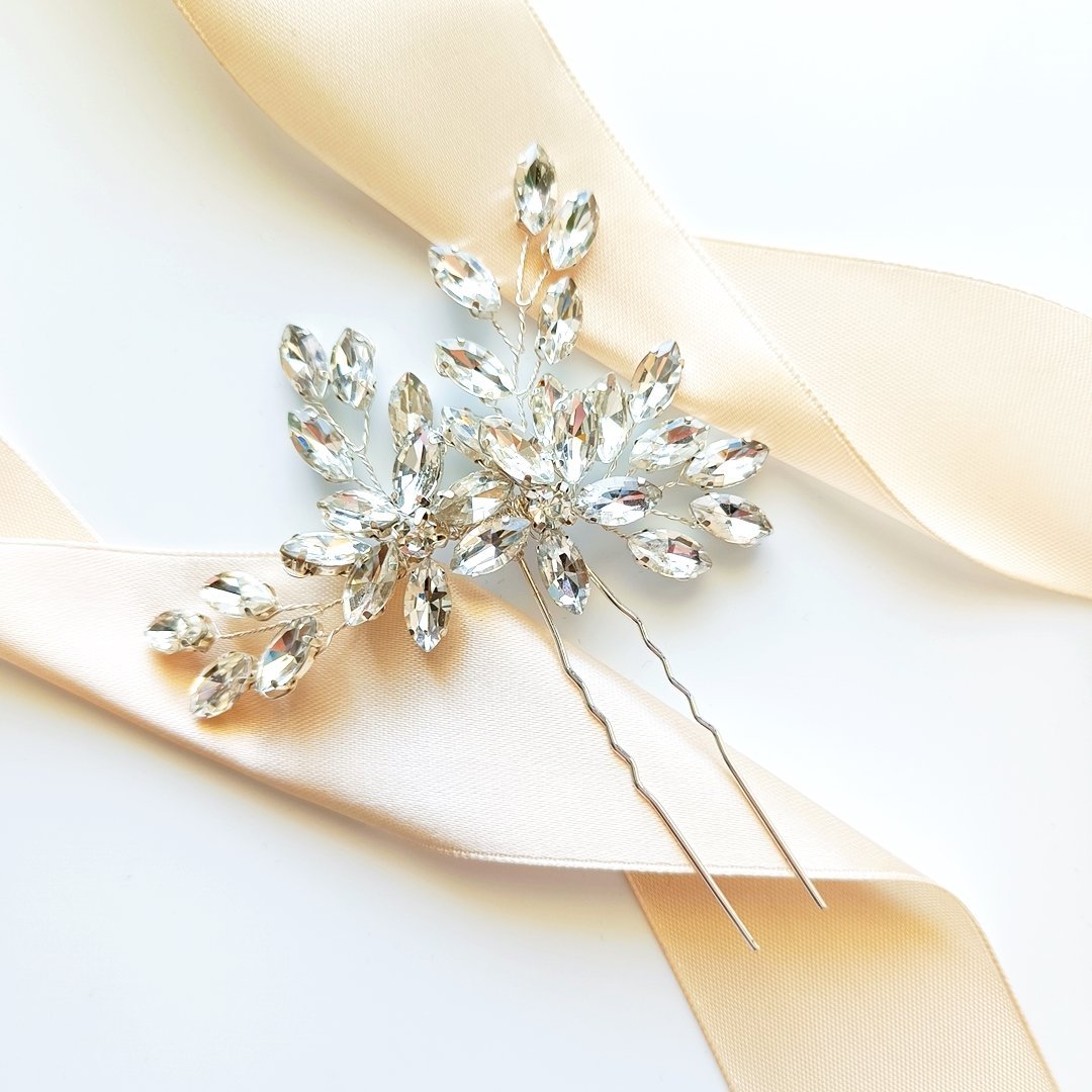 Ozdoba do włosów srebrna KOKÓWKA wsuwka spinka szpilka z kwiatami błysk