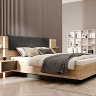Meble do sypialni - Łóżko z szafkami nocnymi160 x 200 cm - Z diodami LED - Kolory: Naturalny i Antracyt + Stelaż + Materac - ELYNIA - miniaturka - grafika 1
