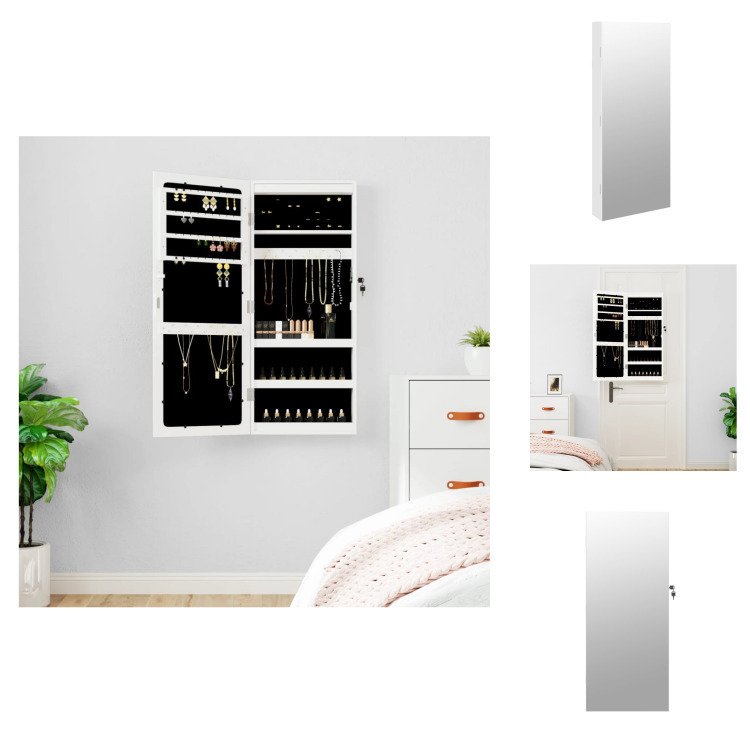 vidaXL Lustrzana szafka na biżuterię z oświetleniem LED do montażu na ścianie, biała - Lustro