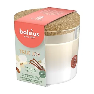 Bolsius True Joy świeca zapachowa – wanilia – kość słoniowa – świeca zapachowa w szkle, długość palenia 21 godzin, z pokrywką korkową, z naturalnymi ekstraktami, naturalny wosk roślinny, bez oleju - Świece - miniaturka - grafika 1