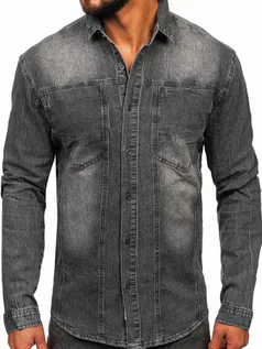 Koszule męskie - Grafitowa koszula męska jeansowa z długim rękawem Denley MC712G - grafika 1