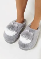 Kapcie damskie - Szare Wsuwane Kapcie na Płaskiej Podeszwie z Aplikacją 3D w Kształcie Króliczka z Cyrkoniami Pottira - miniaturka - grafika 1