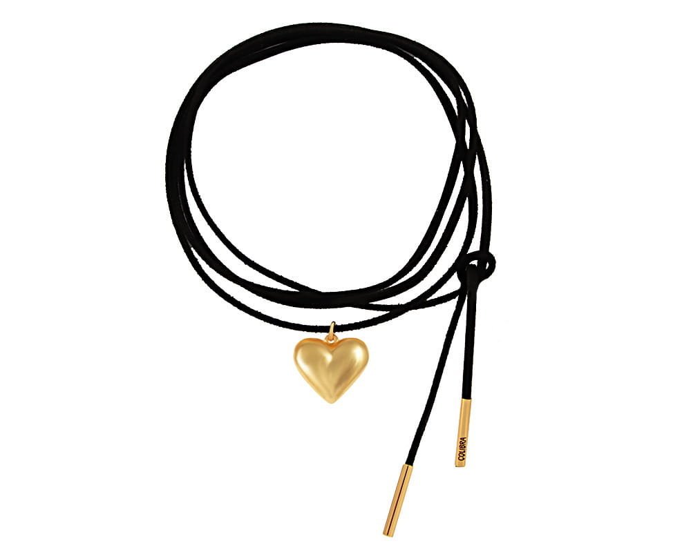 Colibra Pozłacany Czarny choker z pękatym serduszkiem wiązany Walentynki