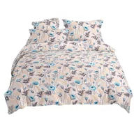 Pościel - Pościel satynowa 160x200 beżowa niebieskie peonie gałązki liście - miniaturka - grafika 1