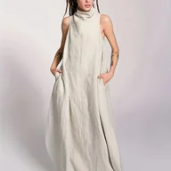 Sukienki - TEMU 2519 Elegancka jednokolorowa sukienka z wysokim dekoltem z kieszeniami - bez rękawów, płynna, beżowa sukienka maxi dla kobiet, codzienny strój, - miniaturka - grafika 1