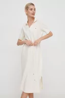 Sukienki - Tommy Hilfiger sukienka kolor beżowy midi rozkloszowana - miniaturka - grafika 1