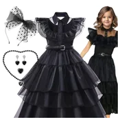 Sukienki - STRÓJ KARNAWAŁOWY WEDNESDAY SUKIENKA KOSTIUM NA BAL ADDAMS DODATKI  - 134-140 - miniaturka - grafika 1