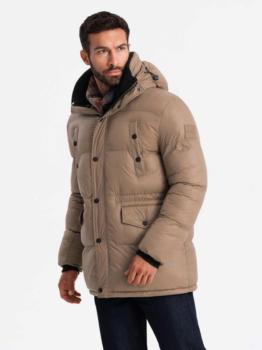 Długa męska kurtka puffer brązowa V2 OM-JALJ-0186 XL