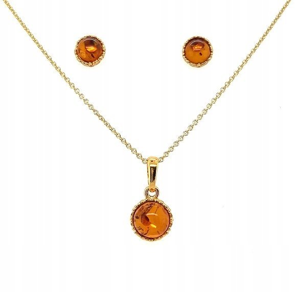 Wisiorek i KOLCZYKI srebrne z bursztynem 925 pozłacane OCZKO komplet