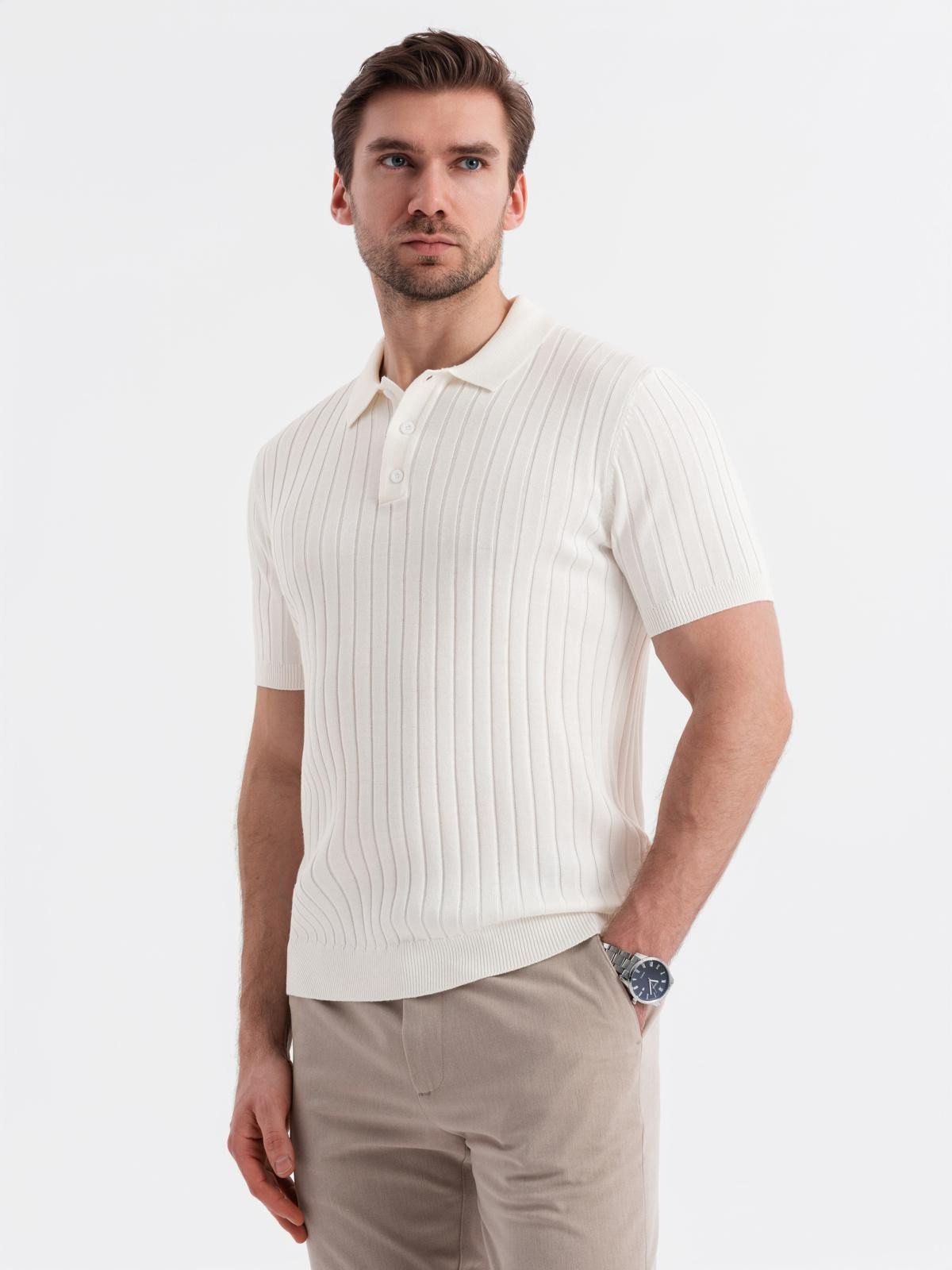 Męska koszulka polo z wiskozą SLIM FIT w pionowy prążek złamana biel V3 OM-POSS-0143 XXL