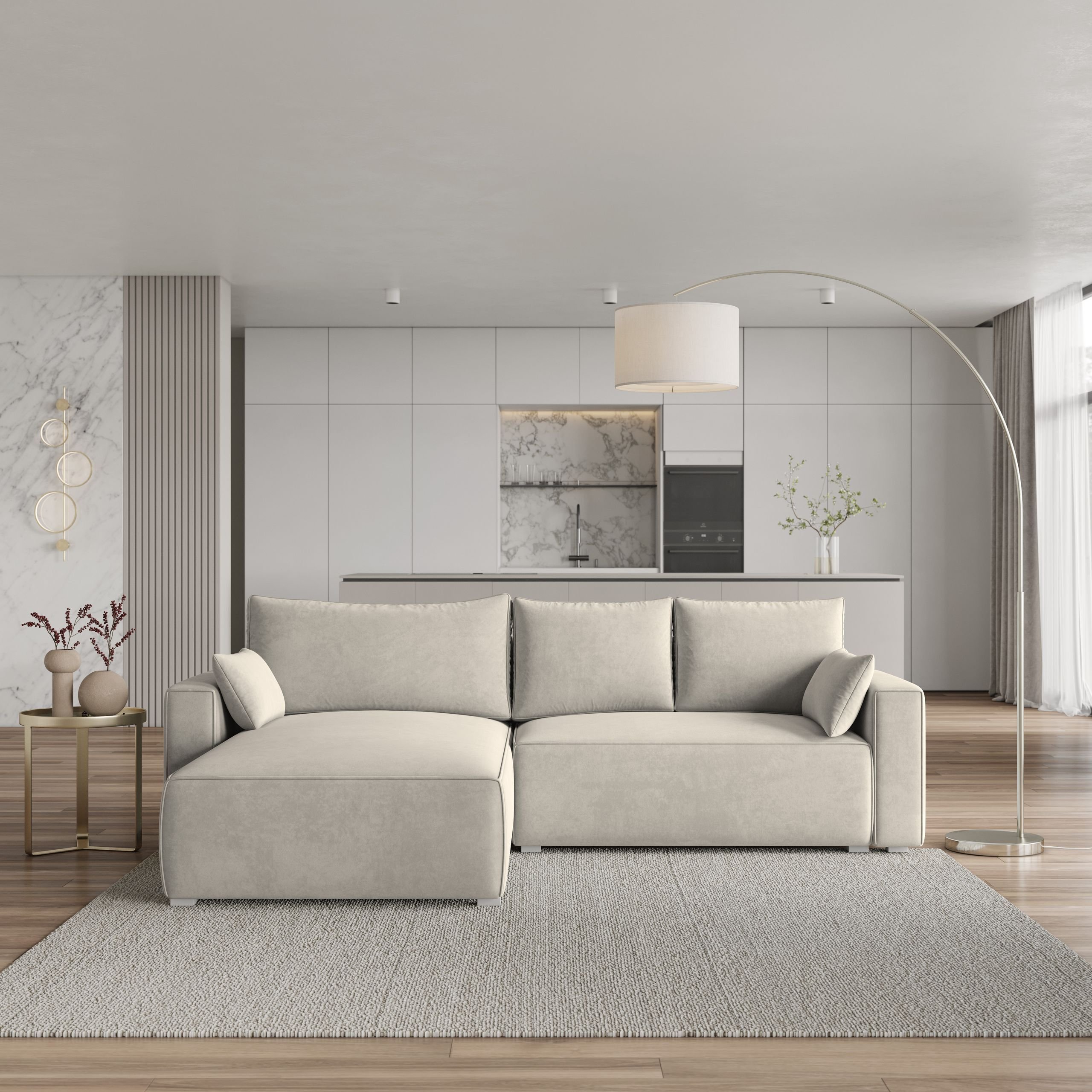 Masseno Narożnik FORIL z funkcją spania i pojemnikiem na pościel Kształt L, Rozkładana sofa, Rogówka - Kremowy, MONOLITH 04