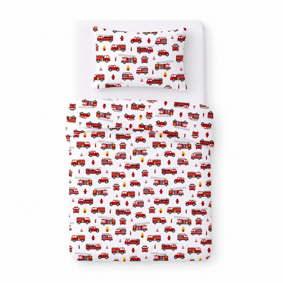 Pościel bawełniana dziecięca 100x135 biała w czerwone wozy strażackie, dziecięcy nowoczesny - COTTON HOME KIDS