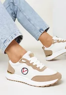 Sneakersy damskie - Beżowe Sneakersy z Metalicznymi Wstawkami i Drobnym Haftem c - miniaturka - grafika 1