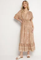 Sukienki - Ciemnobeżowa Sukienka Rozkloszowana z Wiskozą w Boho Wzór z Falbaną Turaline - miniaturka - grafika 1
