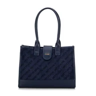 Torebki damskie - Klasyczna torebka na ramię z materiałową wstawką granatowa - miniaturka - grafika 1