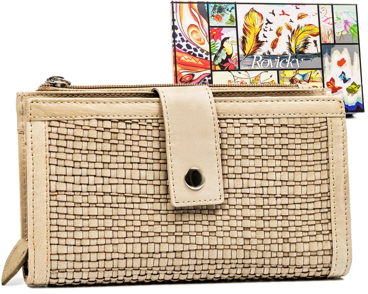 Skórzany Portfel Damski W Kratkę Rfid Protect Rovicky, Beżowy