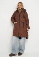 Kurtki damskie - Brązowa Kurtka z Kapturem i Kieszeniami w Kraciaste Pikowane Przeszycia Ettaline - miniaturka - grafika 1