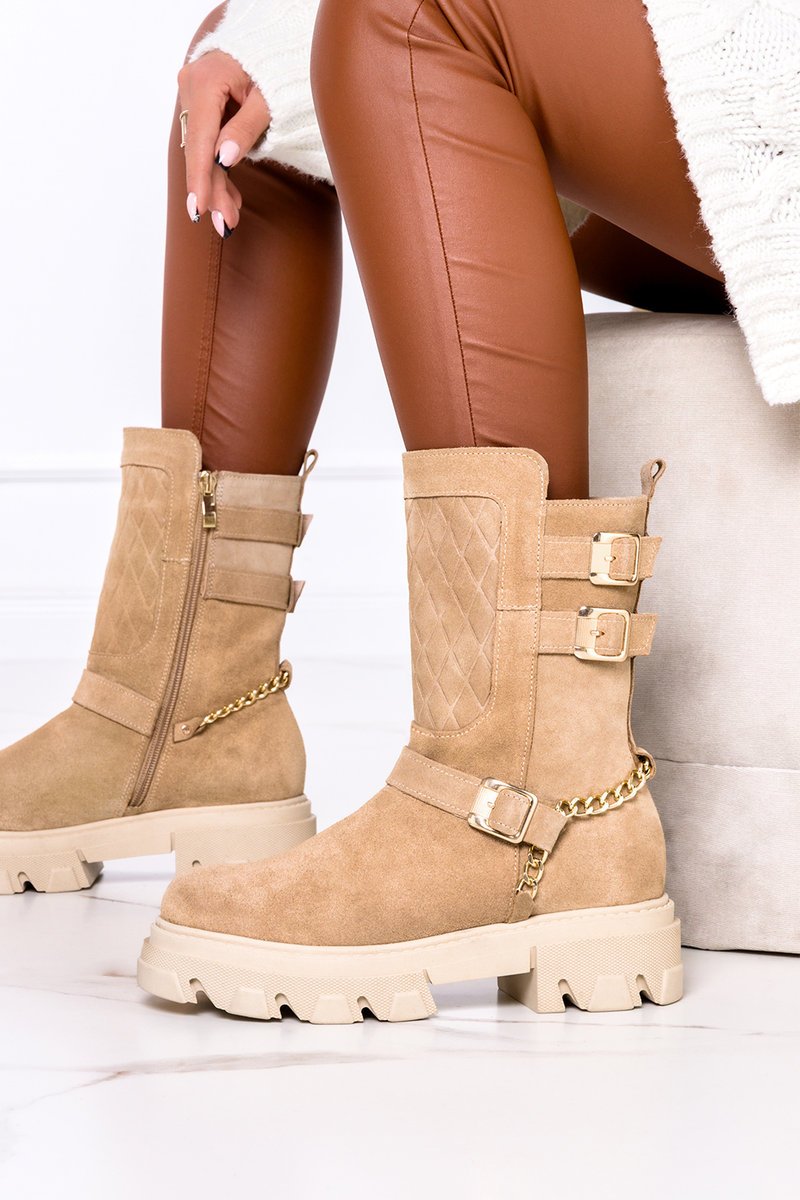 Beżowe botki workery ze złotym łańcuchem POLSKA SKÓRA Casu 9973-ARIA-39
