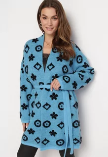 Swetry damskie - Niebieski Kardigan z Graficznym Kwiatowym Wzorem i Wiązanym Paskiem Juulia - grafika 1