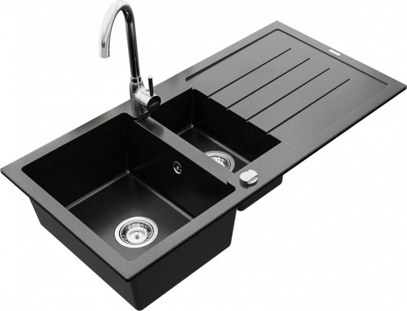 Mexen Zlewozmywak  Andres granitowy 1,5-komorowy z ociekaczem i baterią kuchenną Telma, czarny - 6515-77-670200-00
