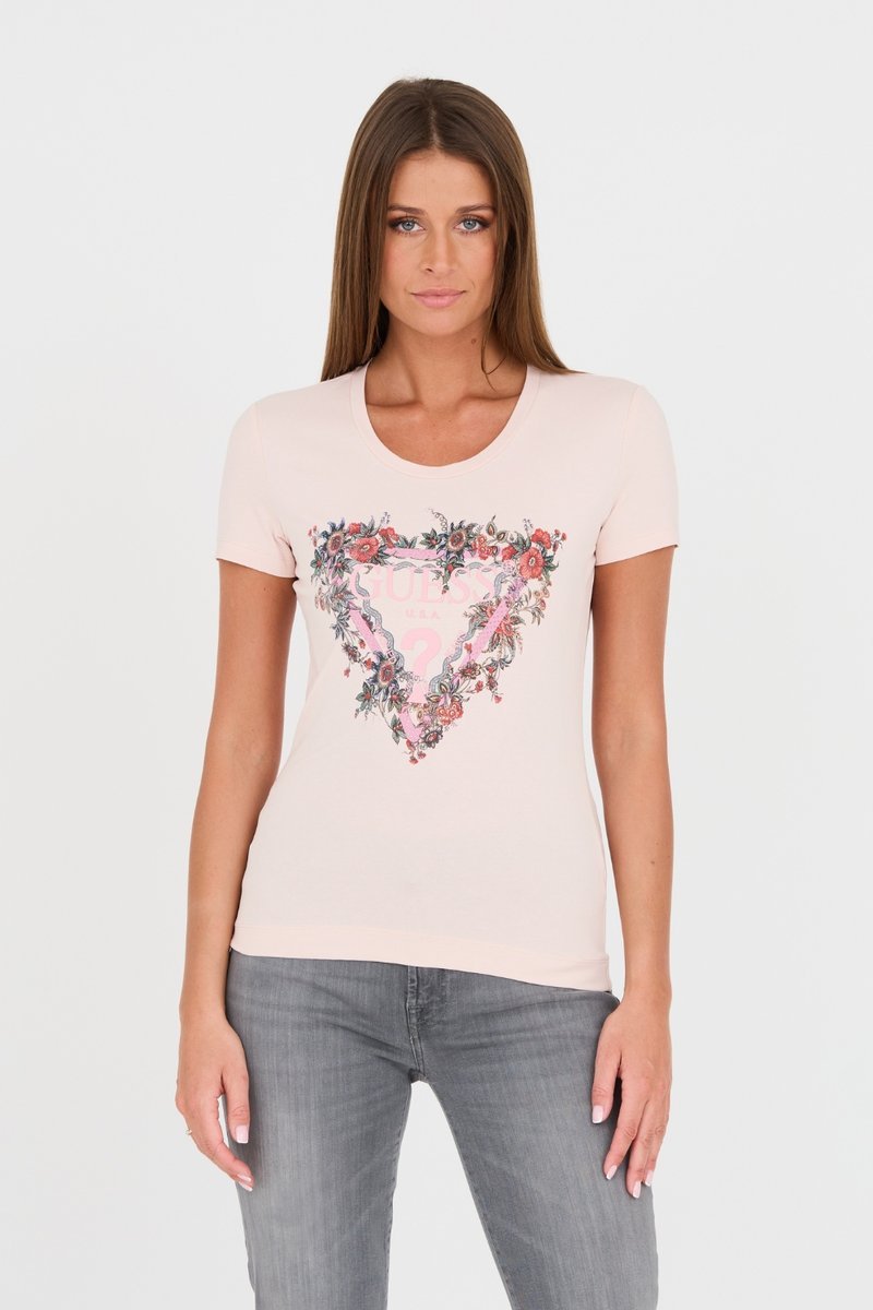 GUESS Różowy damski t-shirt bawełniany z logo XS