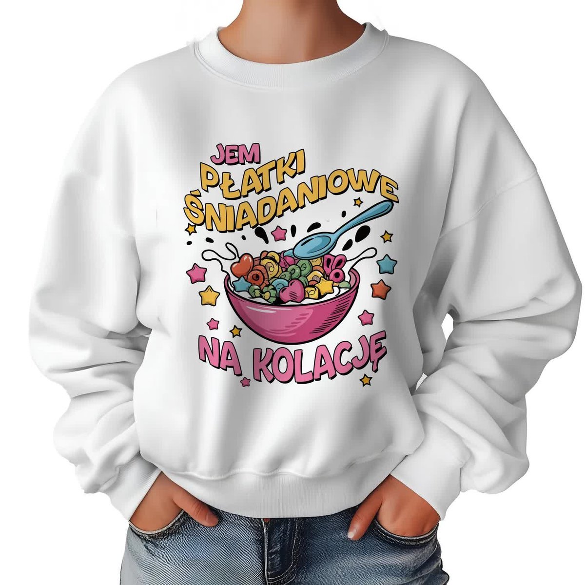 Biała Bluza Damska Dresowa PŁATKI ŚNIADANIOWE NA ŚNIADANIE Zabawne Wz - S