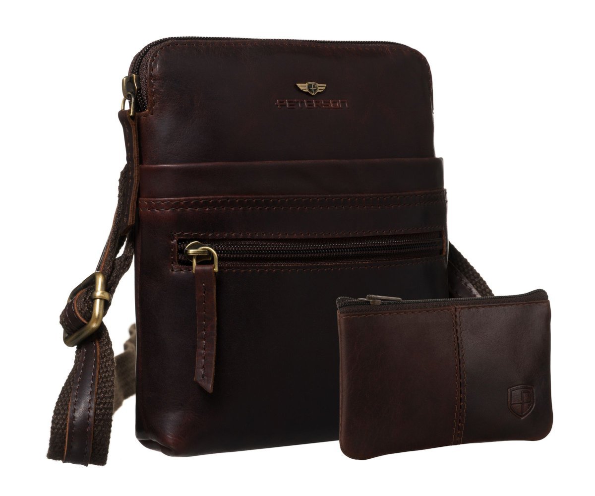 Torebka męska saszetka skórzana PETERSON mała na co dzień miejska slim na suwak kieszonki na drobiazgi telefon długi regulowany pasek na ramię brązo..