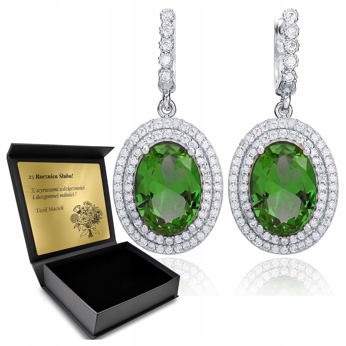 Kolczyki Srebrne 925 Cyrkonie I Szmaragd Biżuteria Dla Kobiety + Grawer