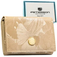 Portfele - Portfel damski skórzany PETERSON ochrona RFID STOP mały beżowy modny kwiatowy wzór na zatrzask - miniaturka - grafika 1